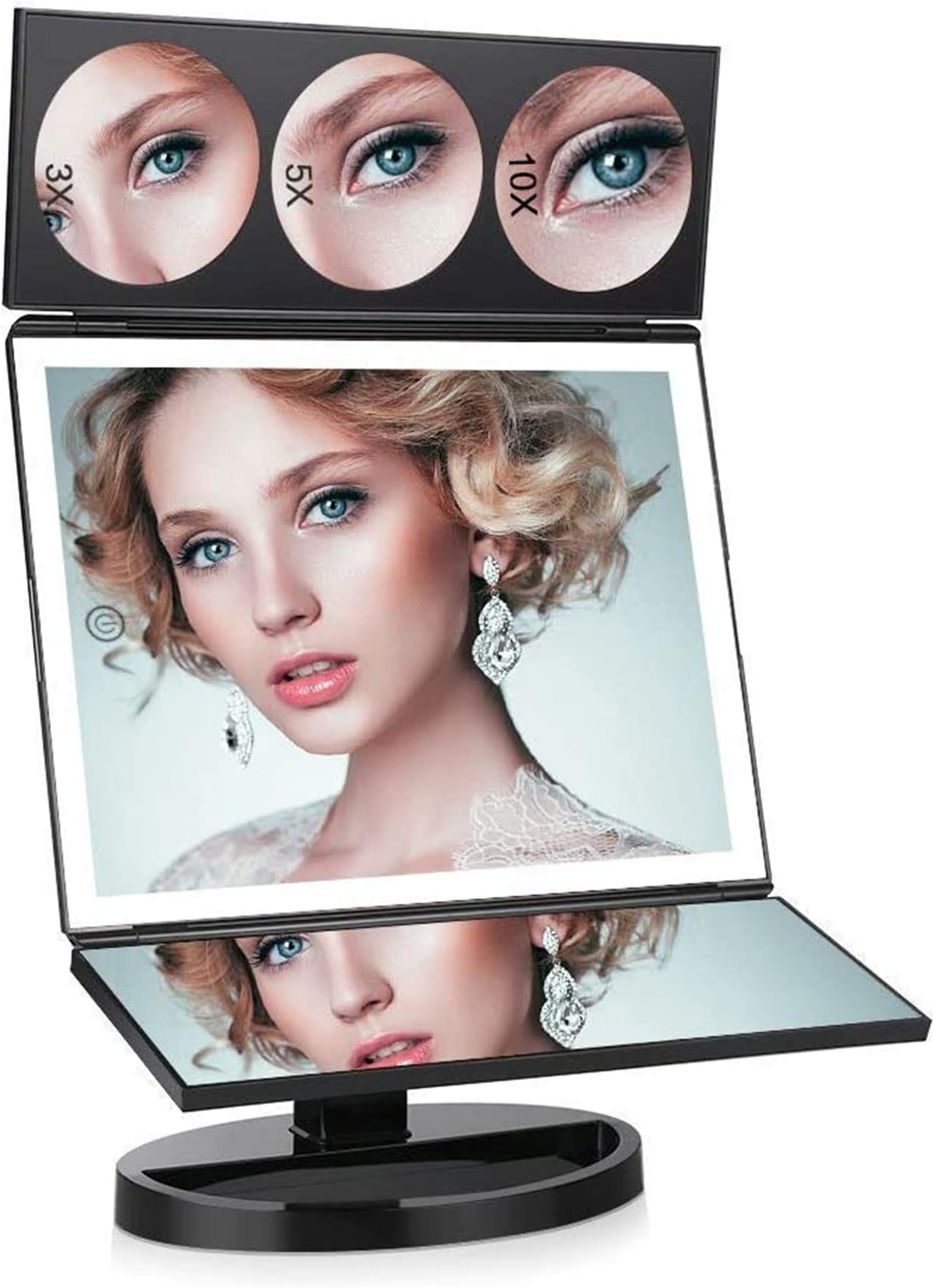 FASCINATE Large Lighted Makeup Vanity Mirror (X-Large Model), Trifold Vanity Mirror with Lights 10X/5X/3X Magnification, Touch Screen, 360° Free Rotation, Double Power Supply Light Up Mirror(Black)