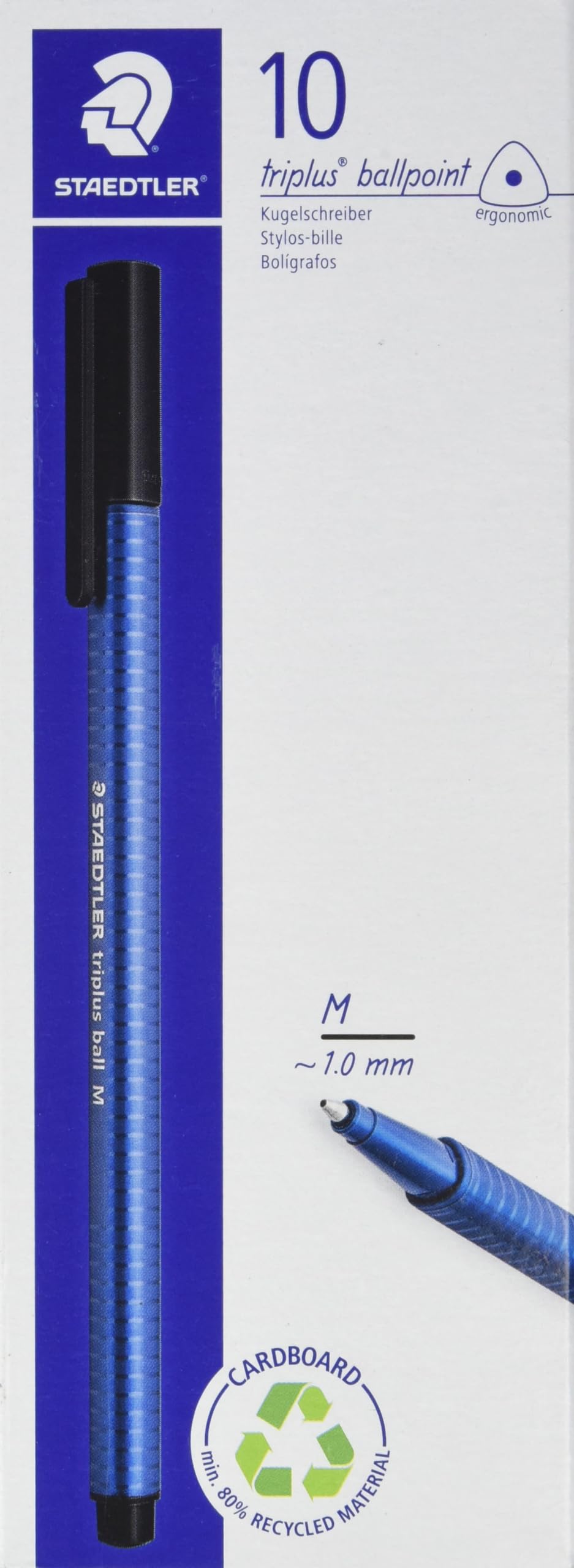 STAEDTLER Triplus Ball 437 M-3 VE Ballpoint Pen Ergonomic Triangular Shaft Line Width M Blue Smudge-proof Cardboard Case with 10 Ballpoint Pens