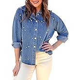 Women's Oversized Denim Shirt Button Down Pearls Jean Jacket Long Sleeve Rhinestone Shacket Casual Trendy Blouse Tops