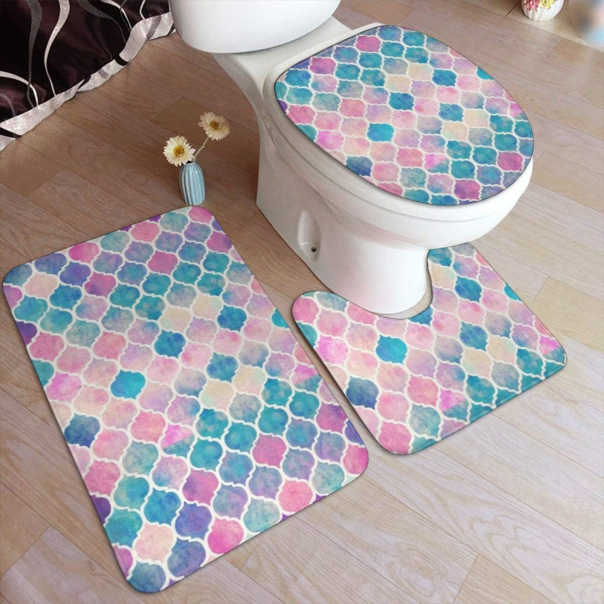 XUJT11O Rainbow Pastel Moroccan Large Flannel Bathroom Rug Mats Set 3 Piece Soft Non-slip Pads Bath Mat + Contour + Toilet Lid Cover