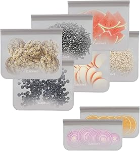 Cuisinart Reusable Silicone Food Storage Bags, 8 Pack Grey – Store, Freeze and Refrigerate Food, Leftovers and Snacks – BPA Free, Dishwasher Safe – Includes Small and Large Bags