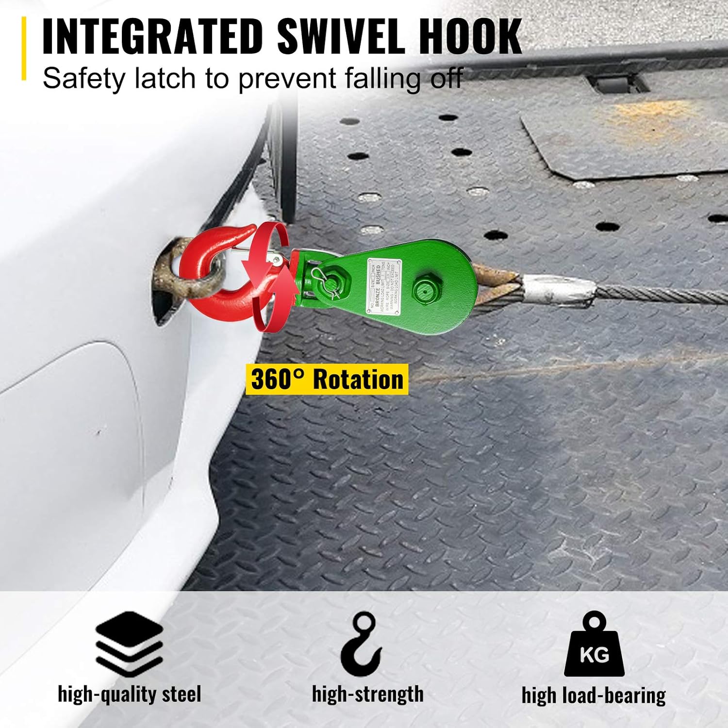 VEVOR 8ton Snatch Block with Hook, 17600 lbs Capacity Snatch Rigging Block, 6'' Single Sheave Block w/Swivel Hook and Latch, Fit 3/4'' Wire Cable Heavy Duty for Wrecker Roll Back Recovery Pulling: Industrial & Scientific