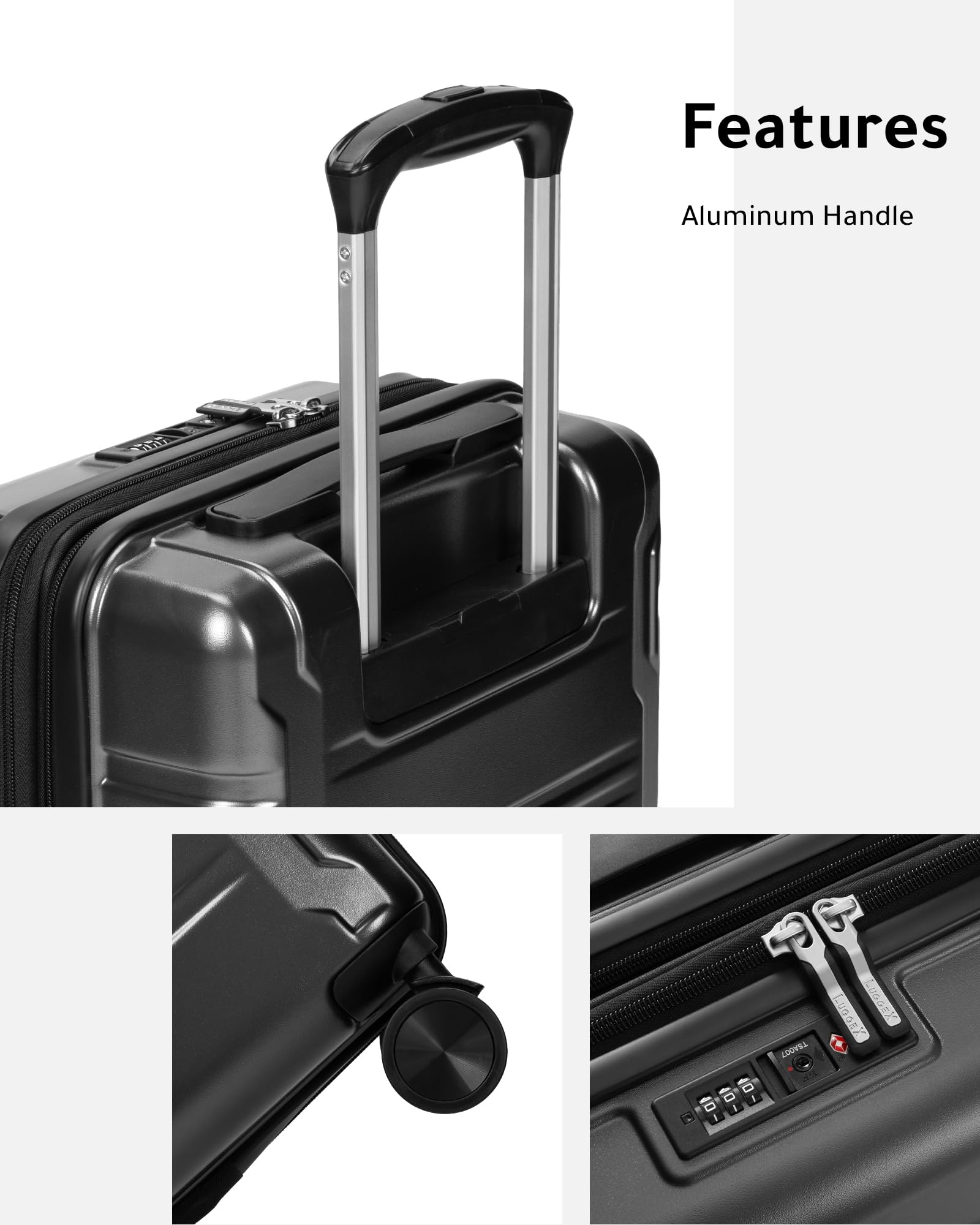 LUGGEX Carry on Luggage Airline Approved, Polycarbonate Hard Shell Suitcase, Expandable Luggage with Charger Port (Black, 20 Inch, 30.7L)