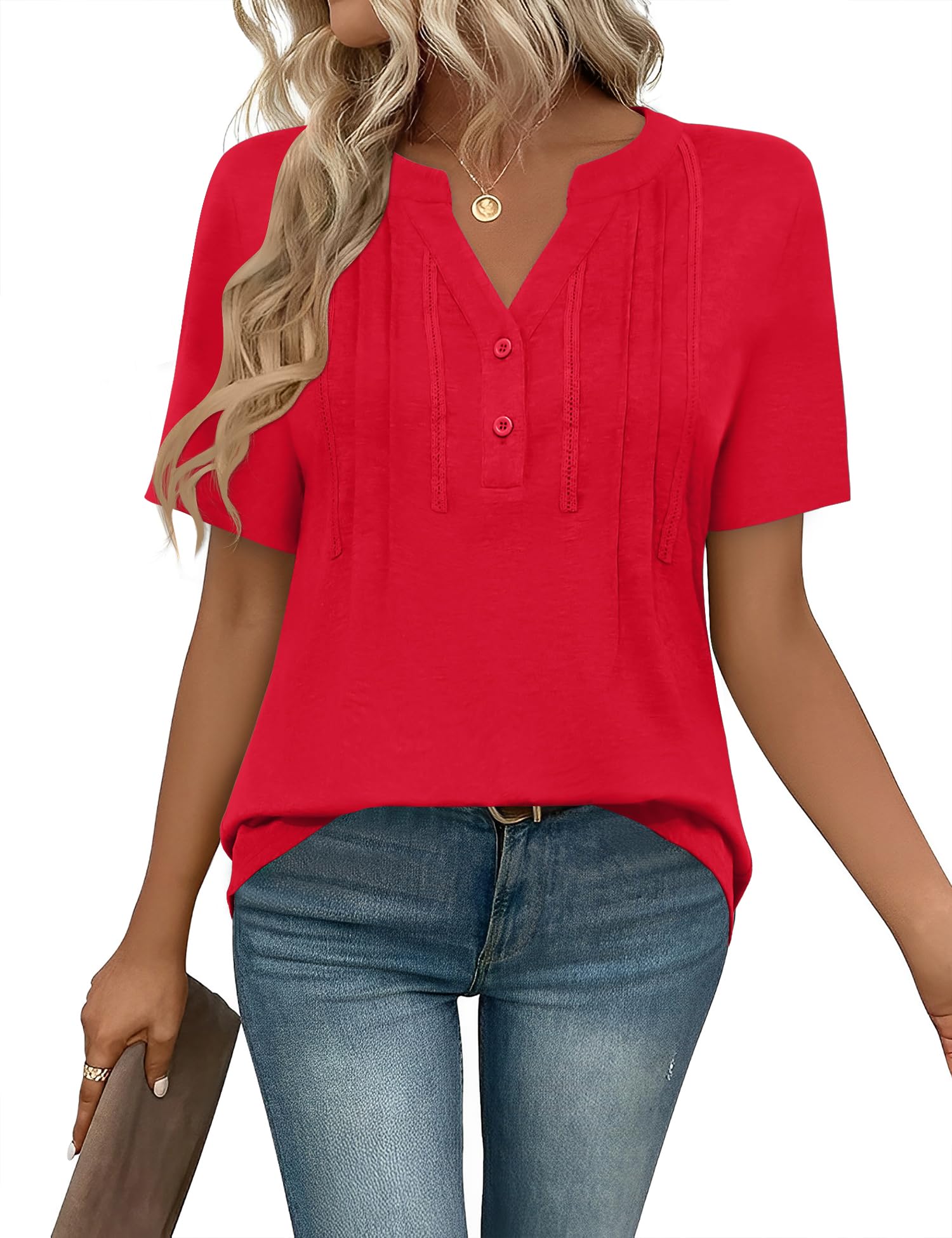 Photo 1 of Rapbin Business Casual Outfits for Women Short Sleeve Pleated V Neck T Shirts Flowy Soft Loose Blouses Summer 2025 (Red, 2XL)