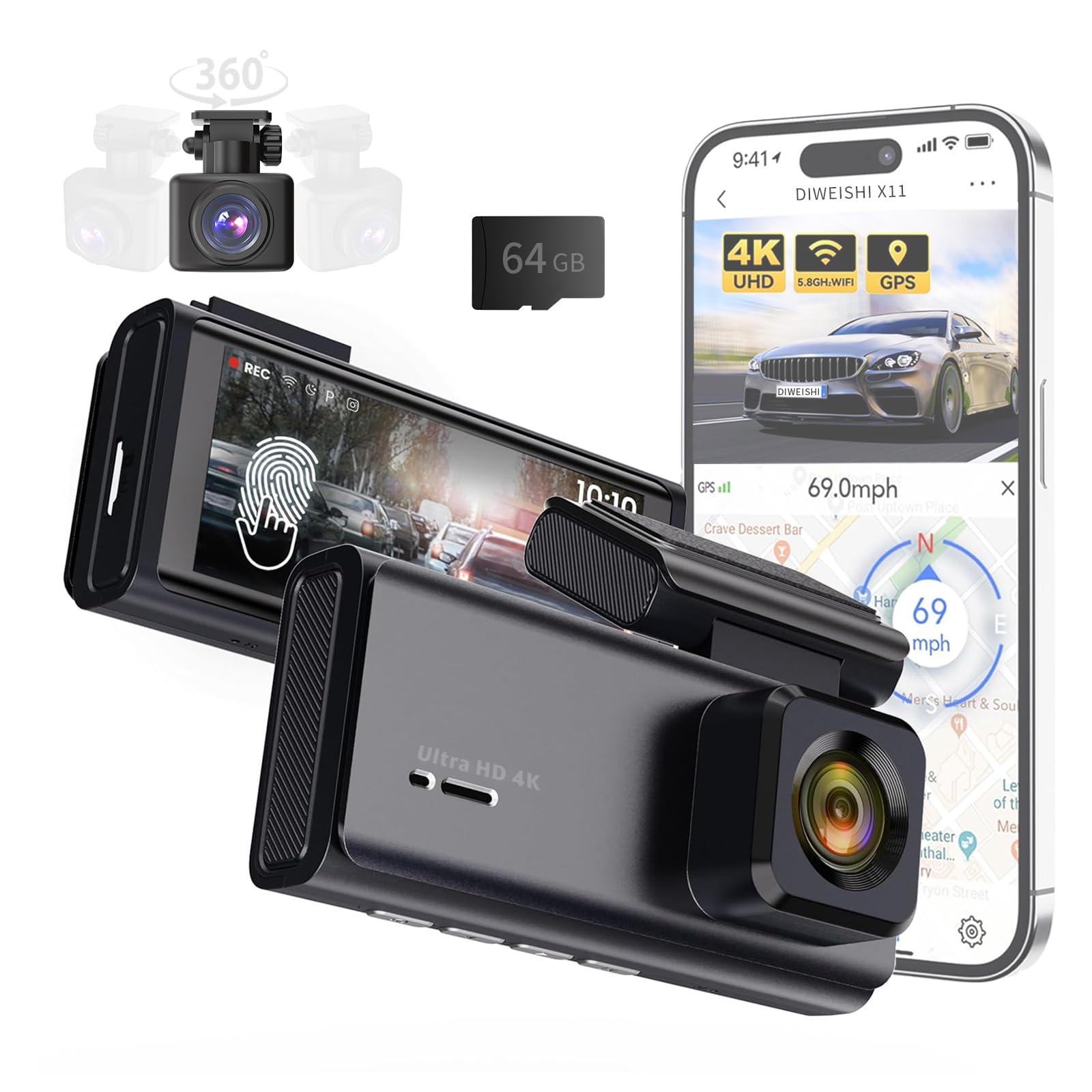 Photo 1 of DIWEISHI 4K Dash Cam Front and Rear, Car Camera, Dash Camera for Cars 2160P+1080P HDR/WDR, Dual Dashcam with ADAS, Super Night Vision, 24H Parking Mode, Loop Recording