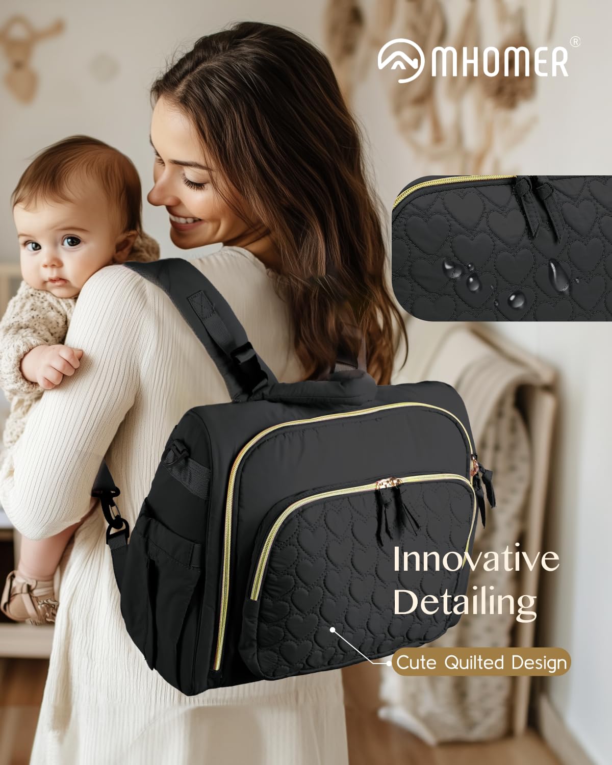 MHOMER Diaper Bag Backpack Puffer Lightweight 3 in 1 Wide Open Small Diaper Bag Tote for Travel with Changing Pad Shoulder Straps, Black