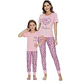 MyFav Mommy and Me Pajamas Heart Print Sleepwear Family Matching Short Sleeve Nightwear