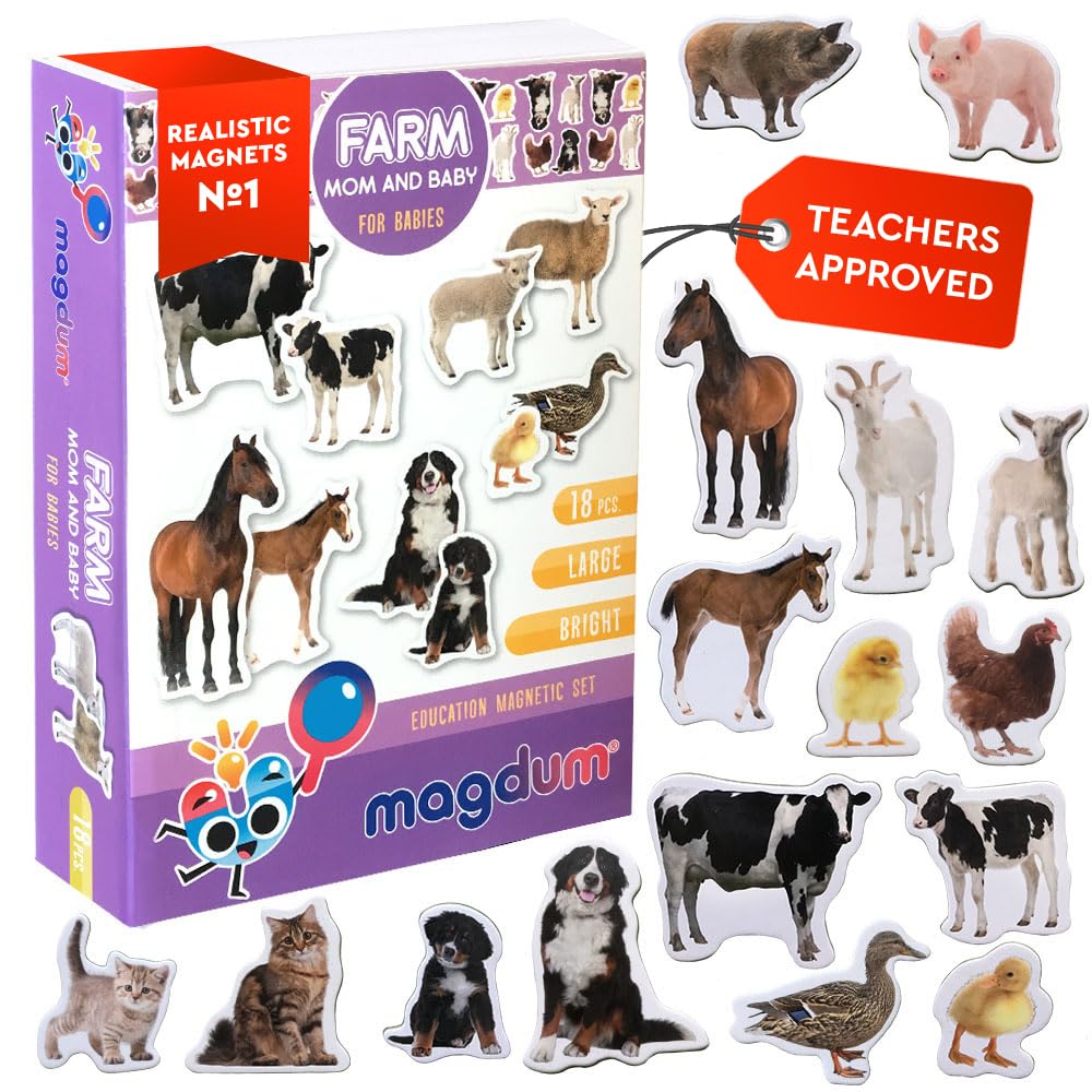 Farm Mom & Baby Animal Magnets for Kids - Magdum - 18 Large Fridge Magnets - Parent & Baby Farm Animals Learning Toy for Toddlers - Educational Preschool Set - Strong Durable Safe Magnets - Gift