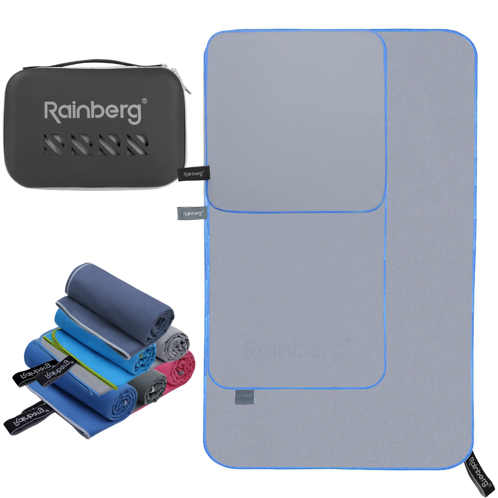 Rainberg 3PK Microfibre Towel, Sports Towel, Travel, Swimming and Beach Towel, Fast Drying, Super Absorbent, Ultra-Compact, Great for Camping, Gym, Beach and Swimming (Grey)