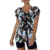 ECUPPER Women Short Sleeve Tankini Swim Dress Ruffled Flowy Skirt Swimsuits Tummy Control Two Piece Bathing Suits with Shorts