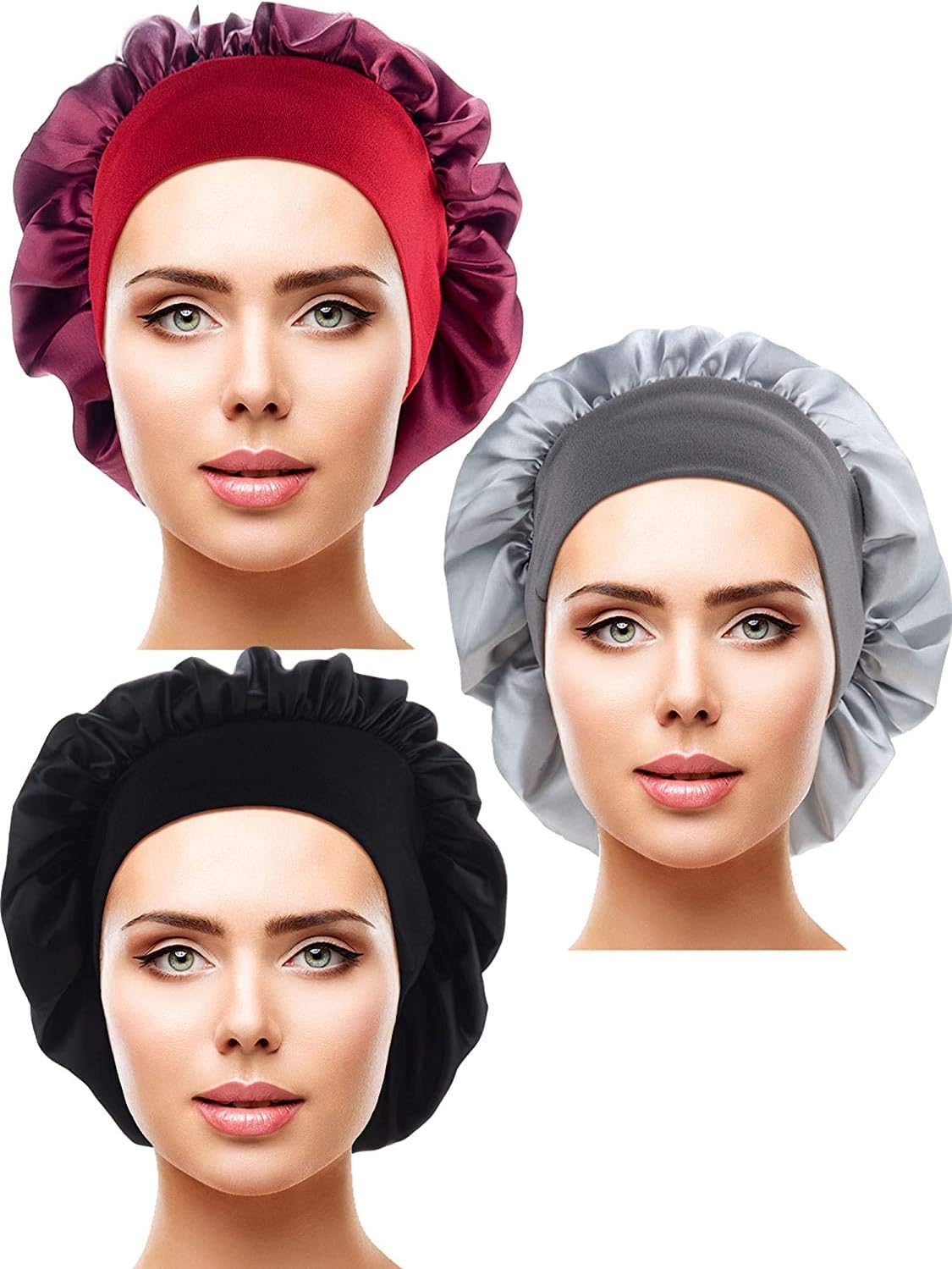 3 Pieces Satin Sleep Cap Elastic Wide Band Hat Night Sleeping Head Cover for Good Sleeping (Silver, Black, Wine Red, Medium)