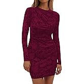 PRETTYGARDEN Women's Fall Bodycon Dresses 2026 Sexy Long Sleeve Ruched Lace Floral Mini Party Dress Tight Club Outfits