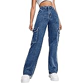Haloumoning Girls Jeans Denim Elastic High Waisted Wide Leg Baggy Cargo Pants with Pockets 5-14 Years