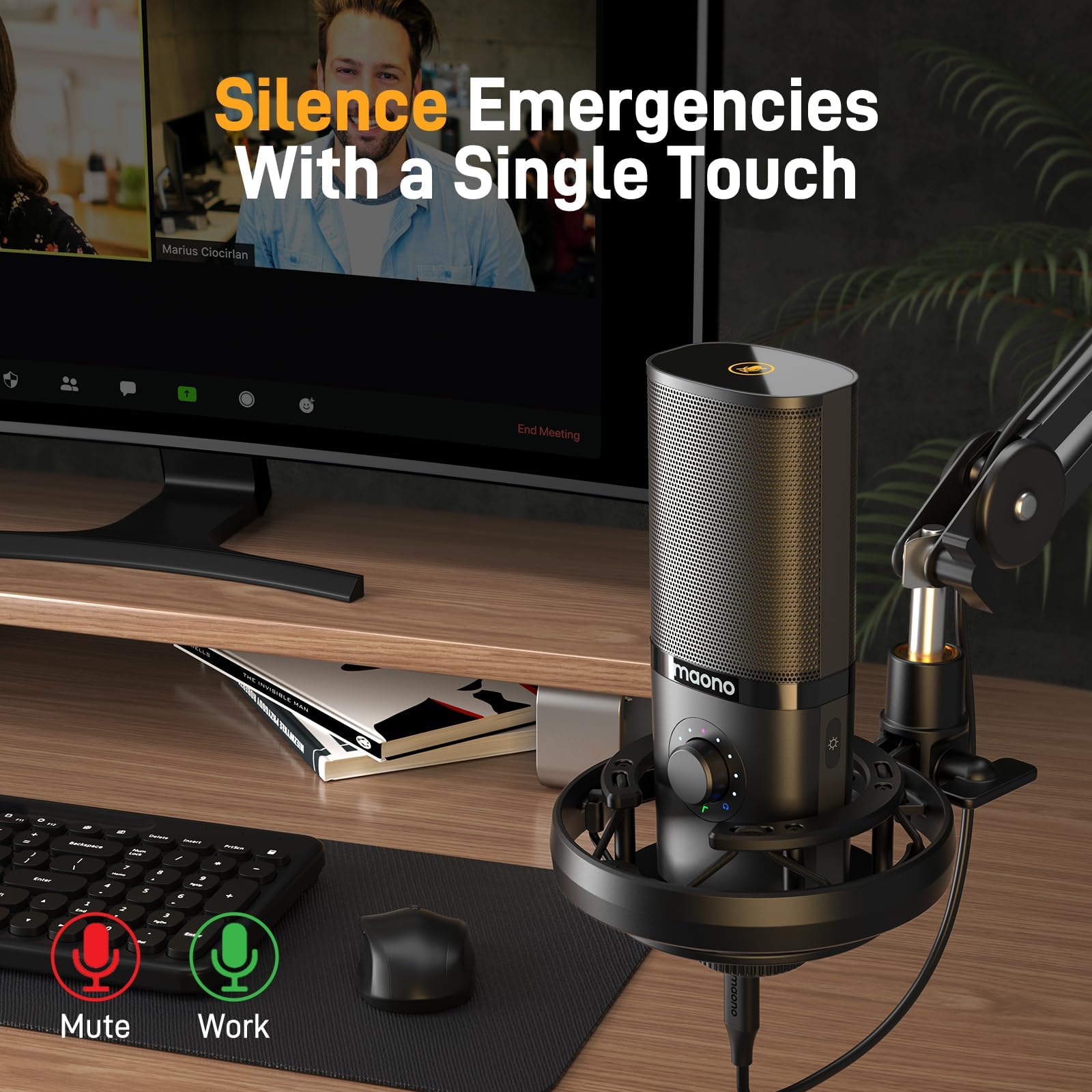 MAONO USB Condenser Microphone-Studio Mic with Shock Mount, Boom Arm, Software, Mute, Gain Knob, Volume Control for Streaming, Recording, Singing, Podcasting, Content Creation, Audiobooks-PM450