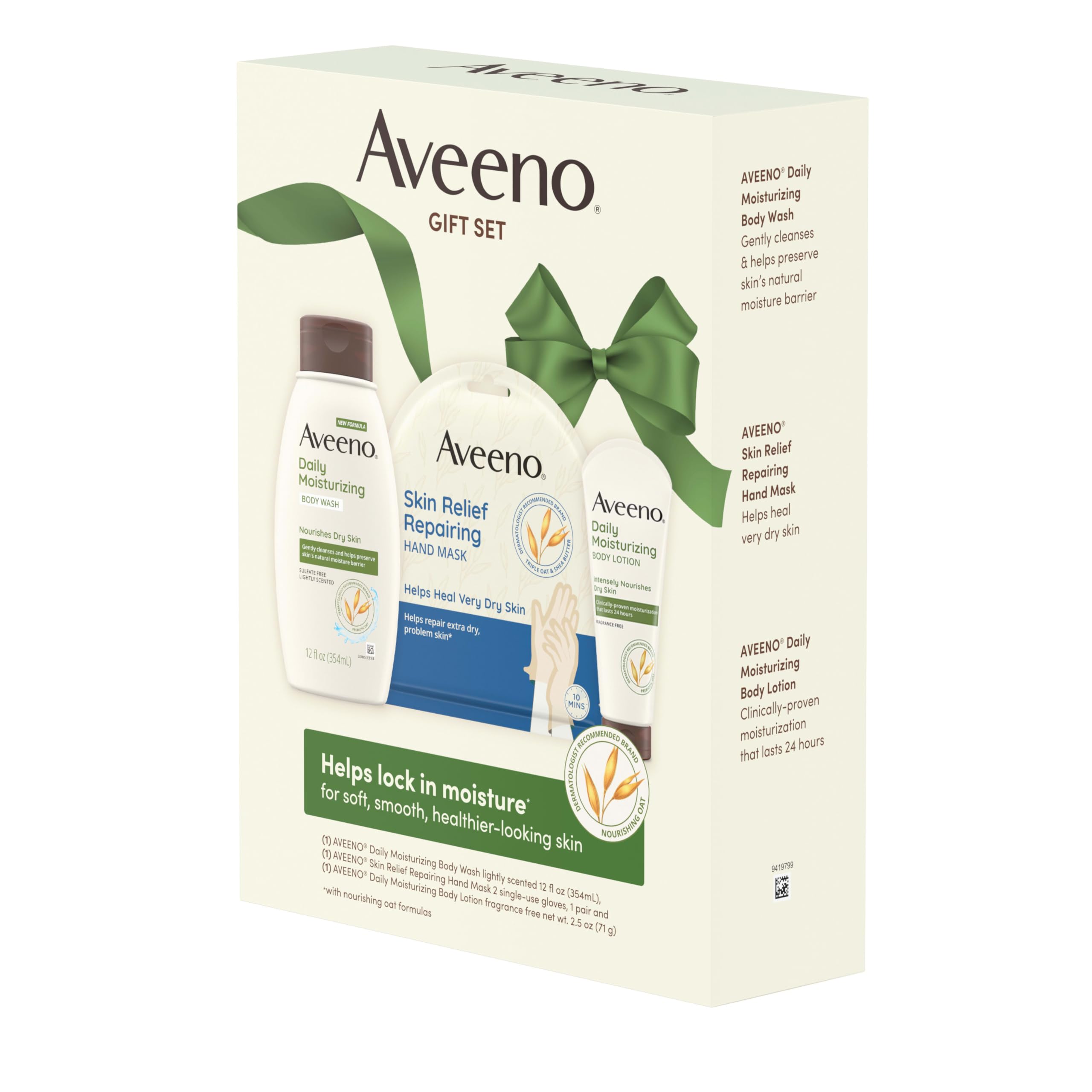 Aveeno Daily Moisture Gift Set, Skincare Set for Dry Skin with Nourishing Body Lotion, Moisturizing Body Wash, & Skin Relief Hand Mask, Formulated with Prebiotic Oat, Paraben-Free, 3 Items