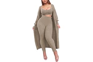 Fixmatti Women's Fuzzy Fleece 3 Piece Lounge Set Crop Tops Leggings Long Cardigan Knitted Sweatsuit Outfits