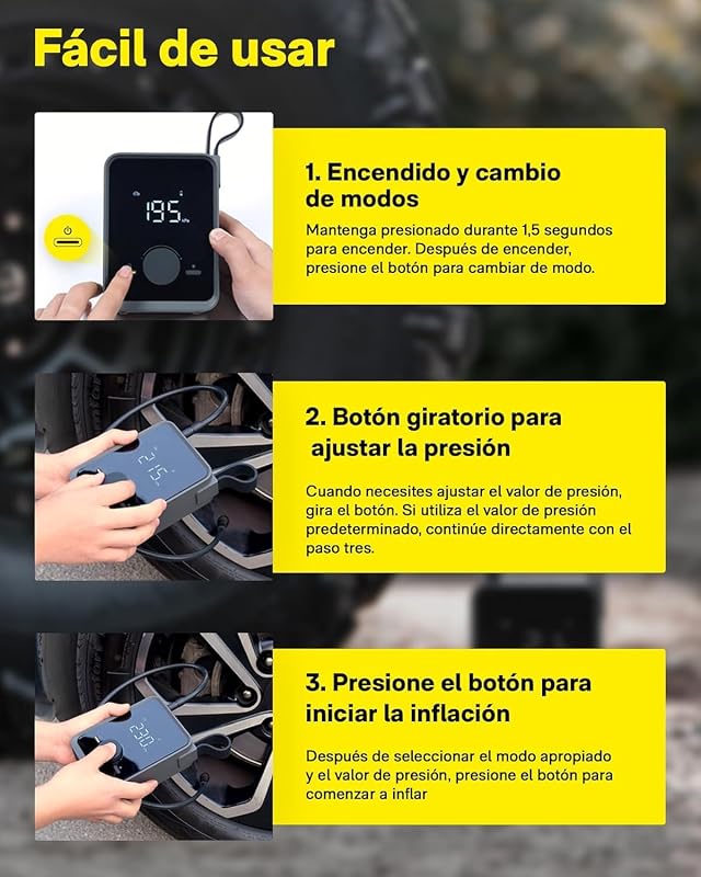 Compresor Aire Portatil 120PSI, Hinchador Ruedas Coche 2500mAh Batería