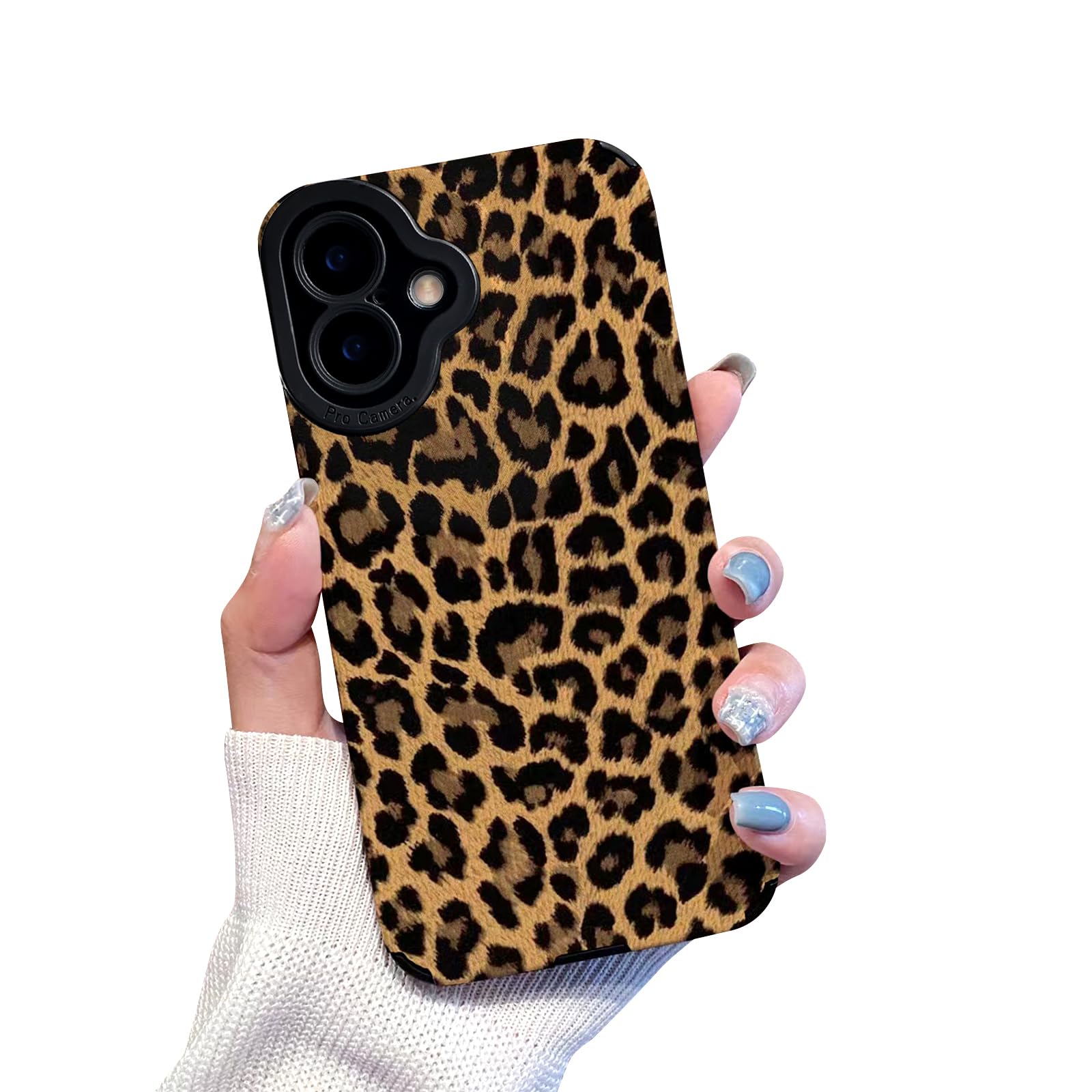 Reownest for iPhone 16 Plus Case Cute Brown Leopard Pattern Leather Aesthetic Phone Case for Women Girls Soft Silicone Protective Case for iPhone 16 Plus -Black