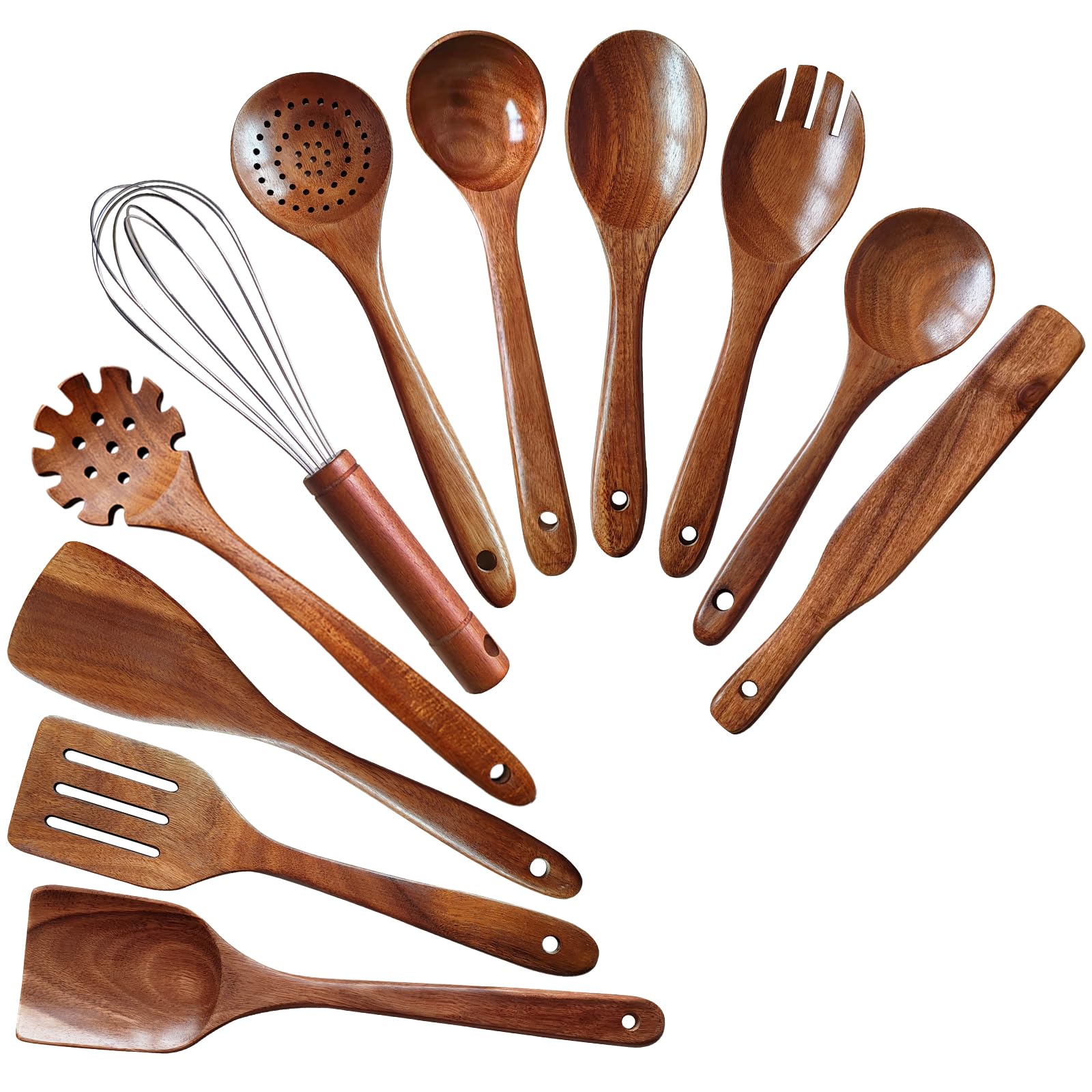 Wooden Spoons for Cooking 11 Pieces Set, High Quality Wooden Kitchen Utensil Set, Wooden Utensil Set, With Strainer Spoon, Pasta server, Fried Spatula and Salad Fork, Egg Beater, Butter Spreader Image