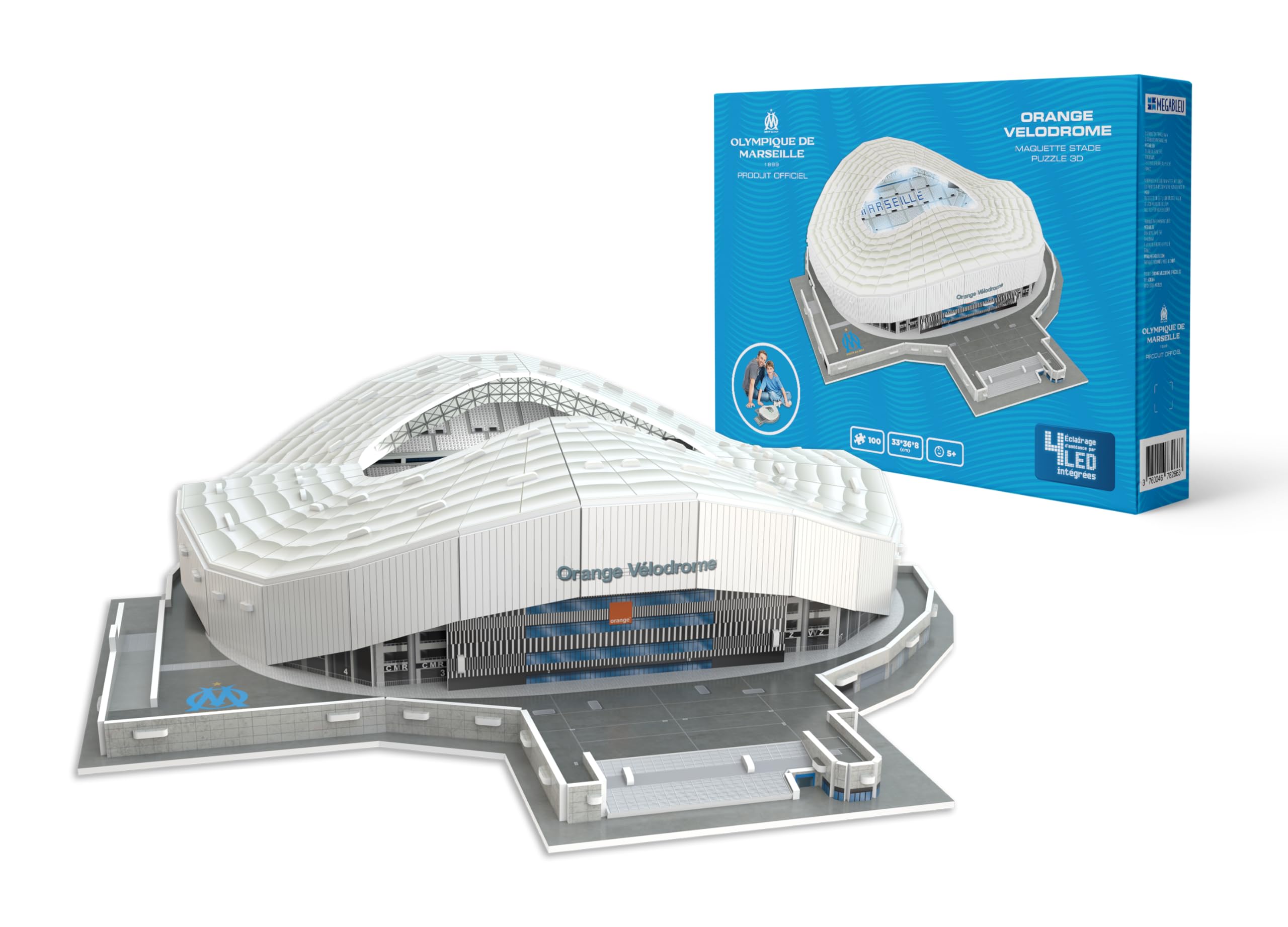 Megableu - OLYMPIQUE DE MARSEILLE 3D PUZZLE - Orange Velodrome Football Stadium - 70 Numbered Pieces - with LED - OM Stadium Model for Children from 7 years old - Glueless Assembly - In French