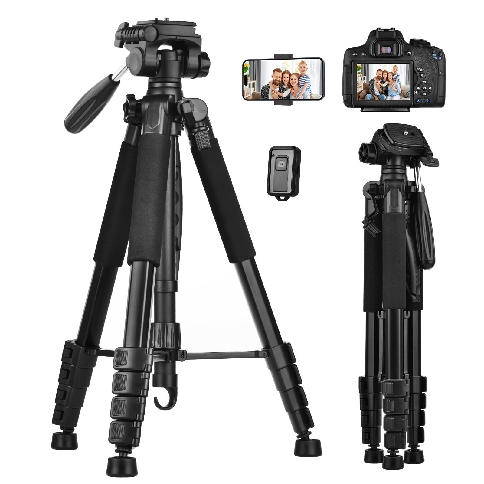 LINKCOOL 74 Inch Tall Tripod for Canon Nikon Sony - Lightweight Aluminum Camera Stand With Detachable Head, Remote Shutter & Phone Mount for Vlog Live Streaming
