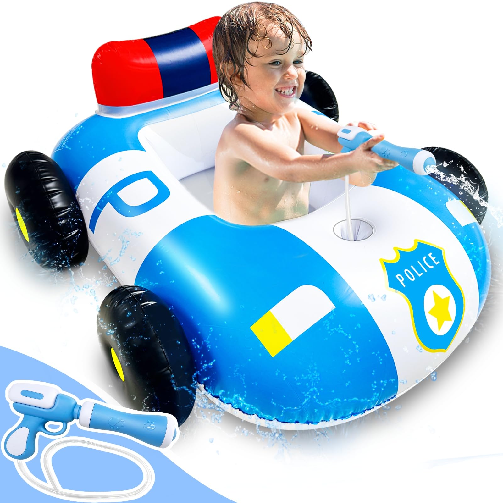 Photo 1 of AMENON Pool Float with Water Squirt Guns for Kids 3-11 Years, Inflatable Polices Car Pool Battle Toys Ride-ons for Toddler Boys Girls Summer Outdoor Swimming Pool Party Gift Toys Games