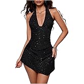 BEAUDRM Women's Glitter Halter Mini Dress Y2K Tie Backless Sleeveless Fitted Party Dresses Night Out Clothes