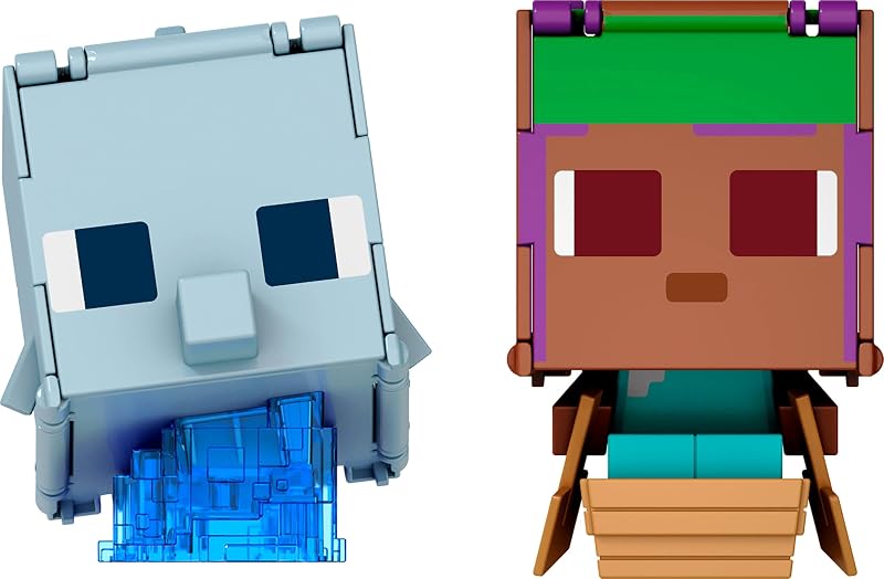 Minecraft Coffret Flippin’ Figs Efe + Efe sur son voilier et Dauphin + Coffre avec 2 figurines articulées 2 en 1 de 9,5 cm à transformer, têtes surdimensionnées, JCY31