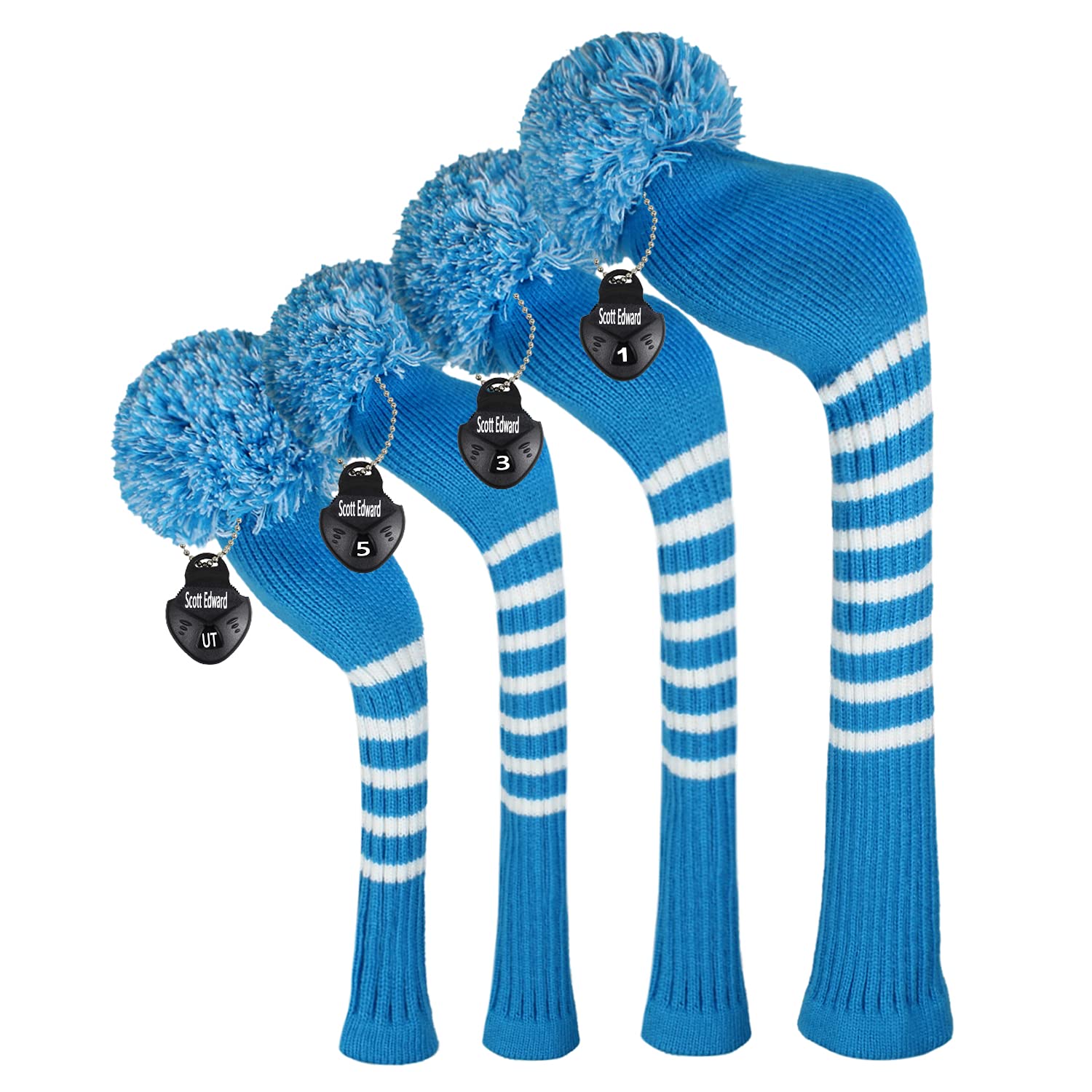 Scott Edward Knit Wood Golf Covers 4 Pieces Handmade Knitted Item Fit Over Well Driver Wood(460cc) Fairway Wood*2 and Hybrid(UT)(Blue White Stripe)