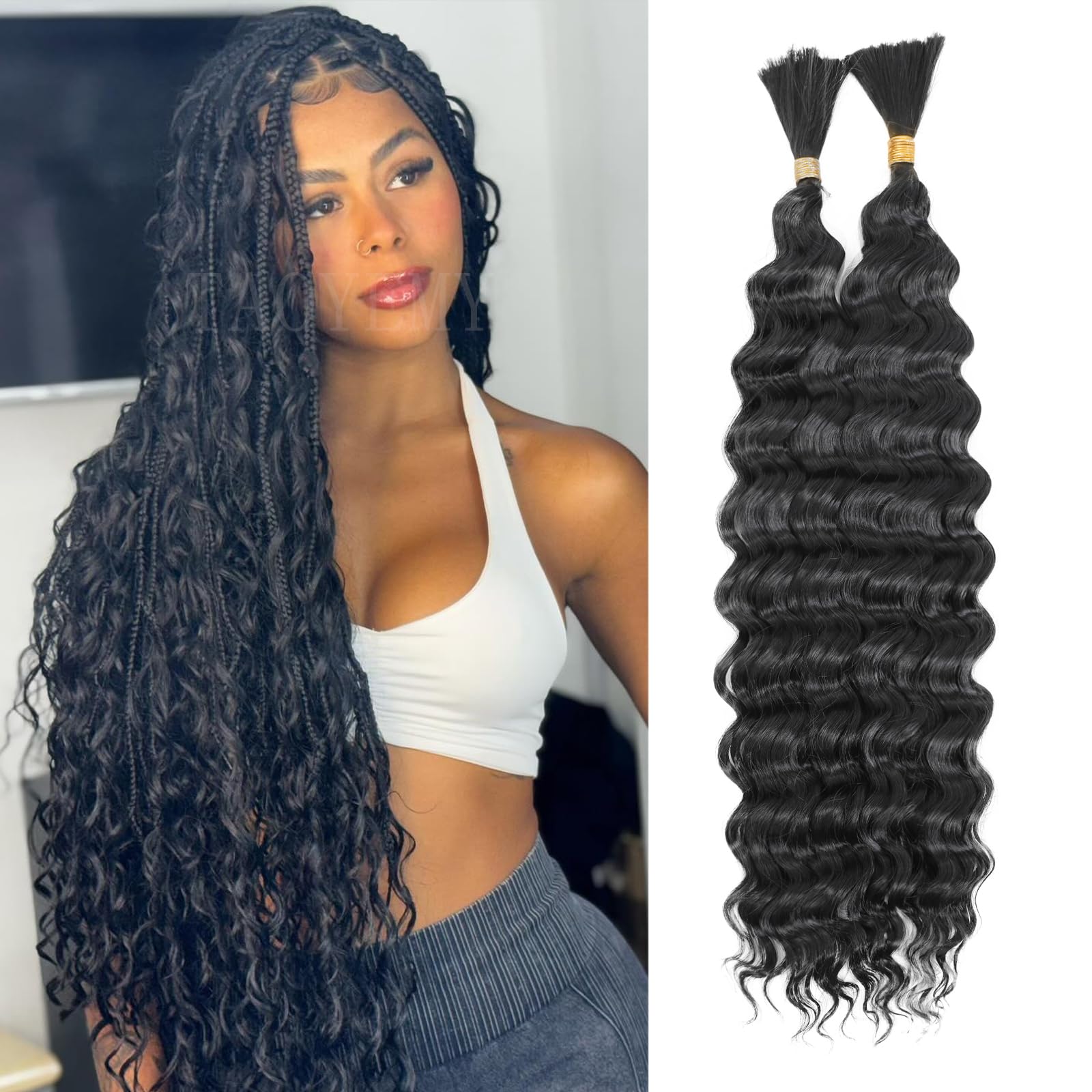 TAOYEMY Deep Wave Bulk Braiding Hair 100g (1 Pack—2 Bundles) No Weft Boho Braids Wet and Wavy Synthetic Hair Extension (1B, 16 inch-1pc) — image 1
