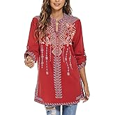 LauraKlein Mexican Shirts for Women Summer Casual Embroidered Tops Ladies Button Down Tops Peasant Tunic Loose Blouse