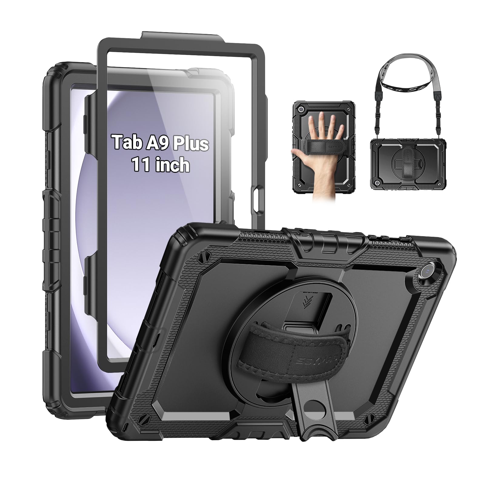 Photo 1 of SEYMAC Case for Samsung Galaxy Tab A9+/ A9 Plus Case 11" 2023 (SM-X210/X216/X218), Heavy Duty Shockproof Protective Case with Screen Protector, Rotating Stand and Hand/Shoulder Strap, Black
