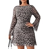 MakeMeChic Women's Plus Size Cocktail Dress Summer Leopard Print Dress Party Bell Sleeve Y2K Backless Going Out Mini Dresses