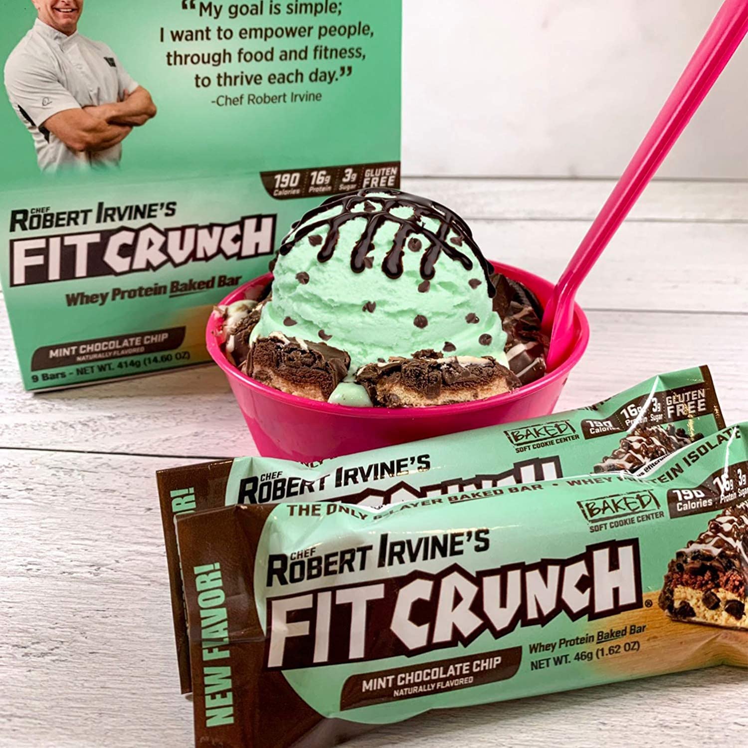 FITCRUNCH Snack Size Protein Bars, Designed by Robert Irvine, 6-Layer Baked Bar, 3g of Sugar, Gluten Free & Soft Cake Core (6 Bars, Mint Chocolate Chip)