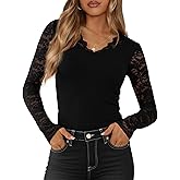 MASCOMODA Spring Lace Long Sleeve Tops for Women Trendy Slim Fitted V Neck Knit Going Out Outfits Basic Sexy Tight T Shirts