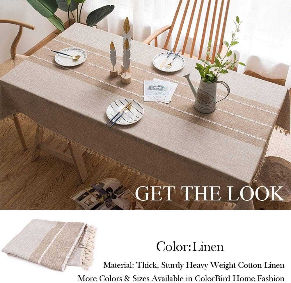 ColorBird Stitching Tassel Tablecloth Heavy Weight Cotton Linen Fabric Dust-Proof Table Cover for Kitchen Dinning Tabletop Decoration (Rectangle/Oblong, 55 x 70 Inch, Linen): Kitchen & Dining