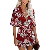 AIMCOO Women's Summer Deep V-Neck Floral Print Romper Ruffle Hem Half Flared Sleeve Jumpsuits Waist Tie Casual Short Rompers