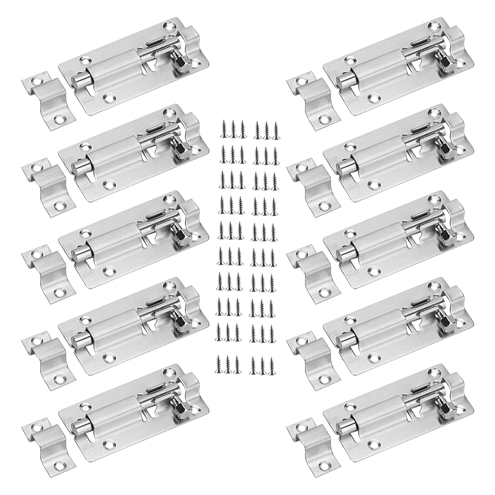 ZEONHAK 10 PCS 3 Inch Door Slide Latch Lock, Stainless Steel Sliding Door Latch with 60 Screws, Silver Door Internal Bolt Latch for Gate Door Yard Garden