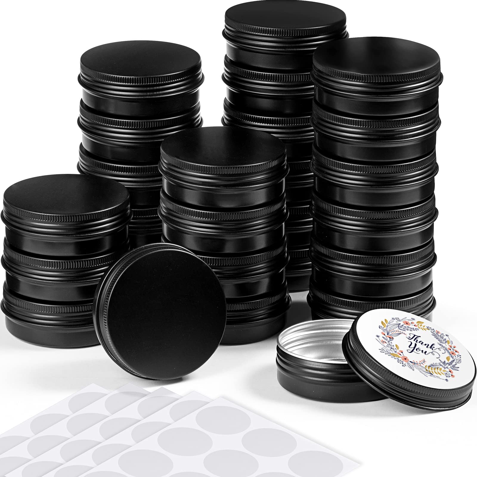 Photo 1 of 2 oz Metal Round Tins Aluminum Tin Cans Salve Tins Containers with Screw Lid 10 Sheets Stickers for Salve Spice Candies Balms Candles, 36 Pack (Black)