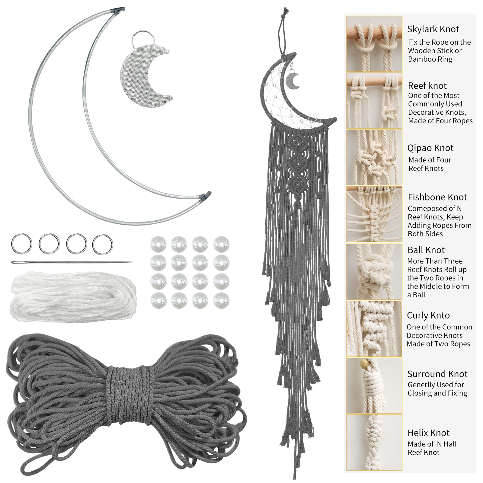 LEREATI Moon Dream Catcher Kit for Adults, DIY Macrame Kit for Beginners, Wall Hanging Tapestry Kits for Adults, Dreamcatcher Kits - 3mm Macrame Cord, Metal Hoops, Beads for Crafting (Gray)