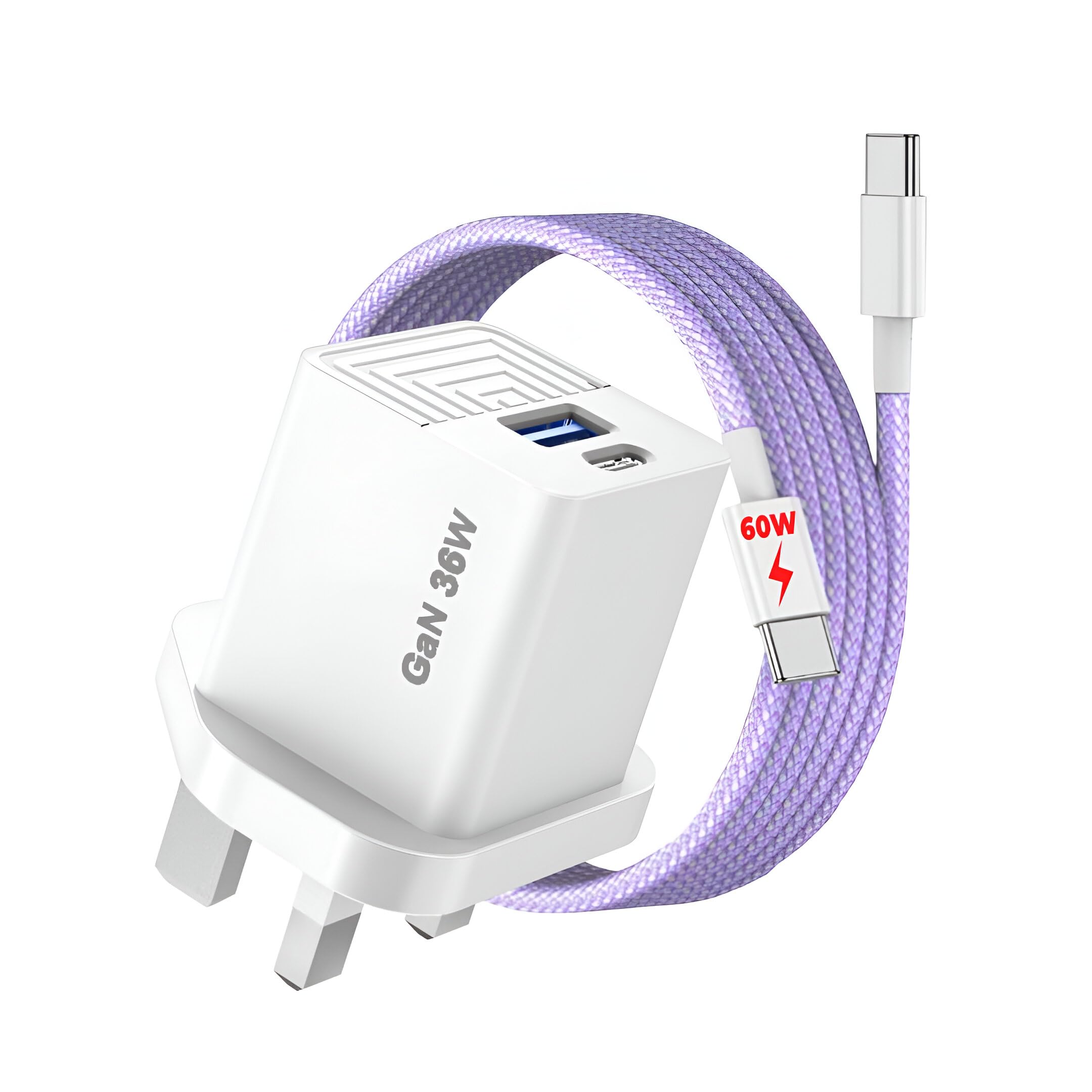 36W) For iPhone 17e/17 Charge Plug 36W GaN USB C/A UK Mains Charger Plug 60W USB C Cable iPhone 17 ProMax/16 ProMax/15 ProMax iPad Type C To C Fast Changing Cable MFi Specs Dual Port UK Wall Adapter