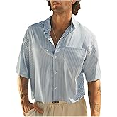 GORGLITTER Men's Cropped Button Up Shirts Striped Short Sleeve Crop Tops Pocket Patched Blouse Cruise Outfits