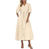 PRETTYGARDEN Summer Dresses for Women 2026 Elegant Classy Short Sleeve V Neck Ruffle A Line Belted Long Beach Vacation Dress