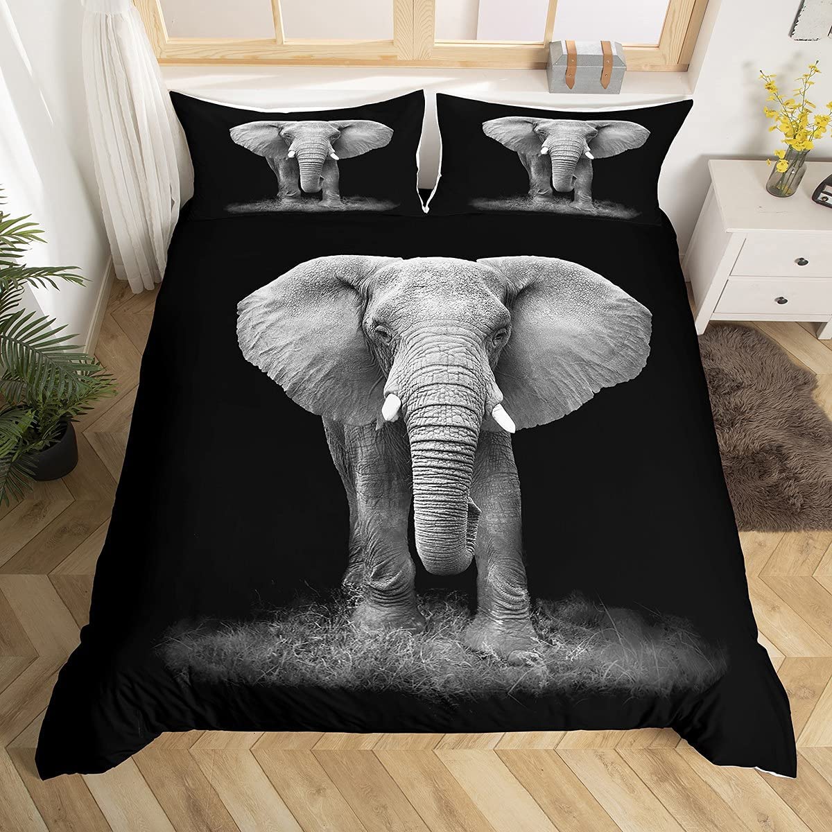 Elephant Duvet Cover Set Single Size,Wild Animal and the Vivid 3D Animal Decorative Black Grey Comforter Cover Set 2 Pieces Bedding Set with 2 Pillow Sham, Zipper, Exotic Style theme Bedspread Cover