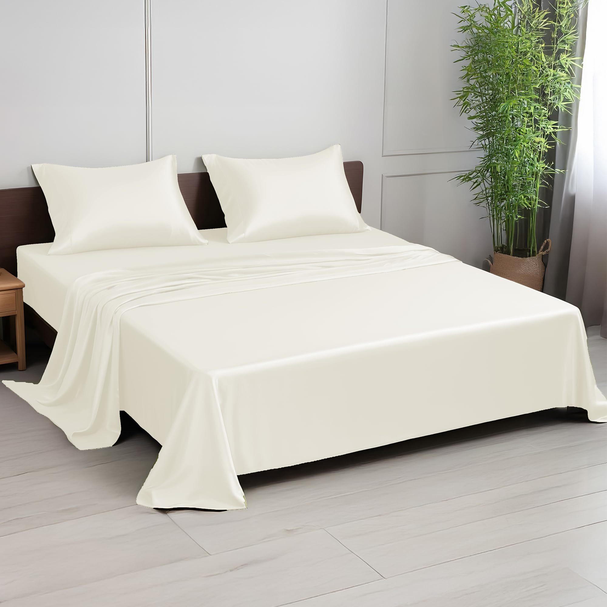 LINENWALAS Single Bed Sheet Set, 300 Thread Count 100% Bamboo Single Bedding Set, Cooling Sateen Weave Silk Sheets Set with 1 Fitted Sheet, 1 Flat Sheet & 1 Pillowcase (Single, Ivory/Off-White) — image 1