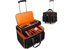 SNIGJAT Rolling DJ Bag, Large Capacity DJ Cable Bag with Detachable Dividers and Trolley, Gig Bag for Musicians, Musician Cable Organizer with Padded Handle and Pocket for Laptop, DJ Acessories