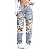 Floerns Women's High Waisted Distressed Jeans Straight Leg Casual Ripped Denim Pants