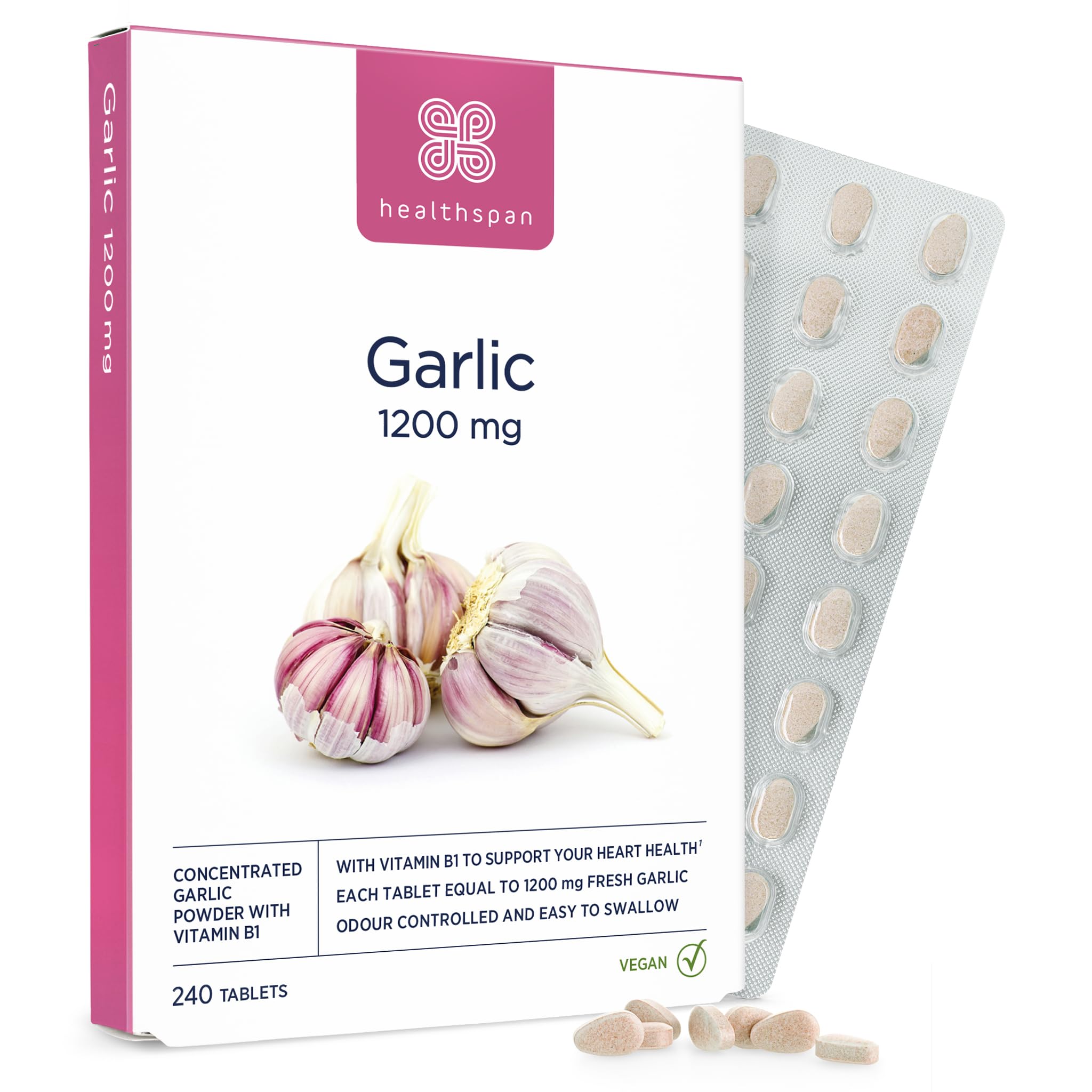 Healthspan Garlic 1,200mg (240 Tablets) | Supports Heart Health & the Respiratory System | Maintains Normal Cholesterol Levels | Added Vitamin B1 | Odour-Controlled & Easy to Swallow | Vegetarian