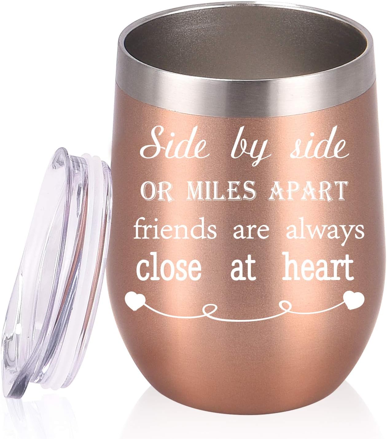 Side By Side or Miles Apart Friends Are Always Close at Heart Friends Wine Tumbler with Lid, 12 Oz Stainless Steel Insulated Wine Tumbler Ideas for Good Friends Girlfriend Co worker, Rose Gold