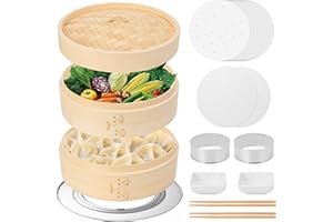 62 PCS 10 Inch 2 Tier Bamboo Steamer, Bamboo Steamer Basket, Dim Sum Basket, with 1Ring Adapter, 2Reusable Silicone Liner, 2 